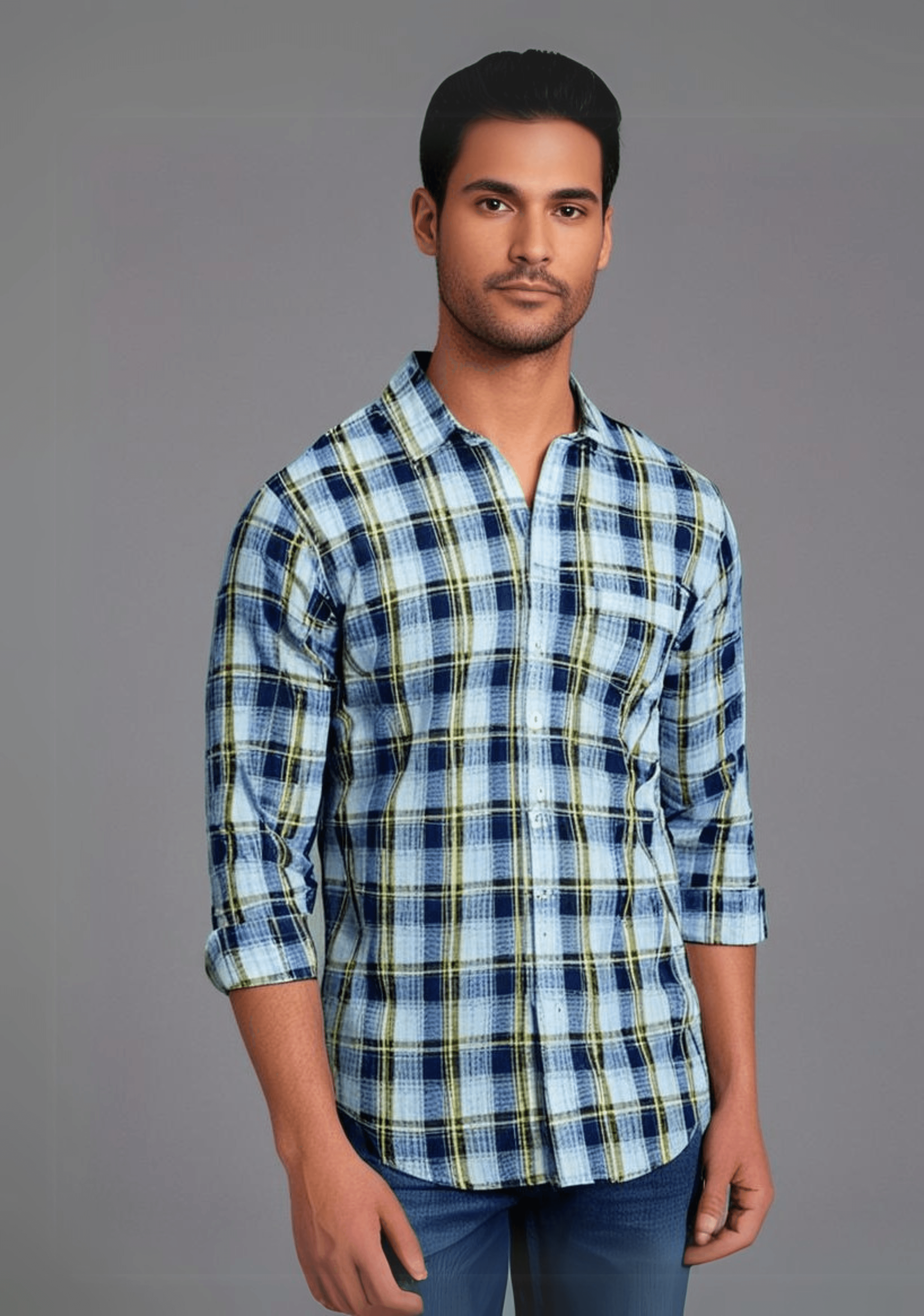 Blue Checked Shirt with Greenish Border