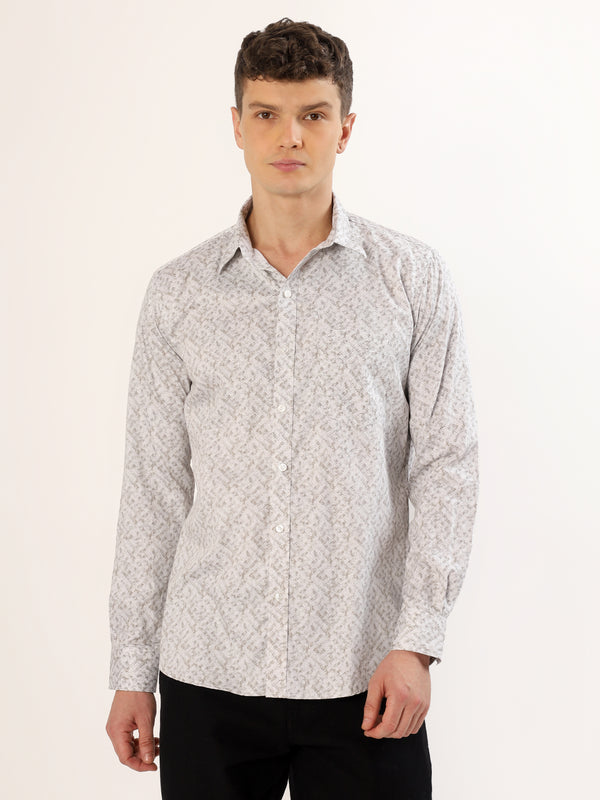 Men's White and Light Beige Abstract Print Regular Fit Shirt