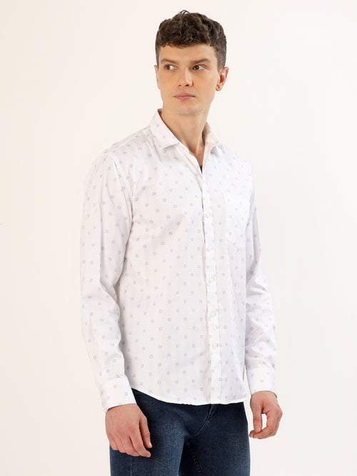 Men's White with Blue Geometric Print Regular Fit Shirt