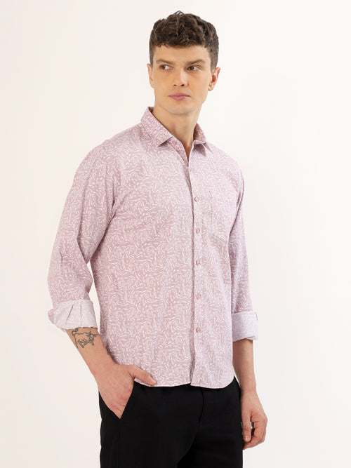 Men's White and Peach Floral Print Regular Fit Shirt