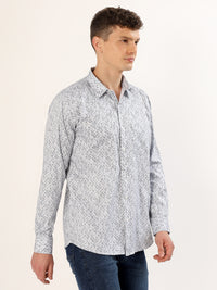 Men's White and Navy Blue Abstract Print Regular Fit Shirt