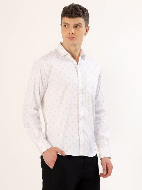 Men's White and Beige Geometric Print Regular Fit Shirt