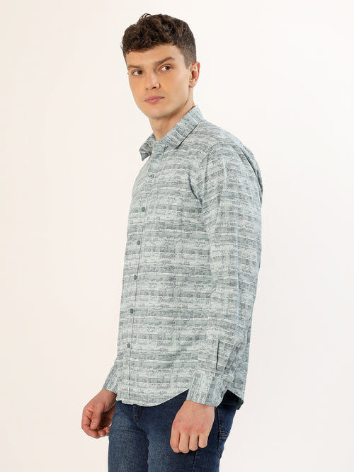 Men's Green and Blue Striped Print Regular Fit Shirt