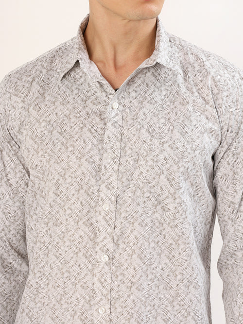 Men's White and Light Beige Abstract Print Regular Fit Shirt