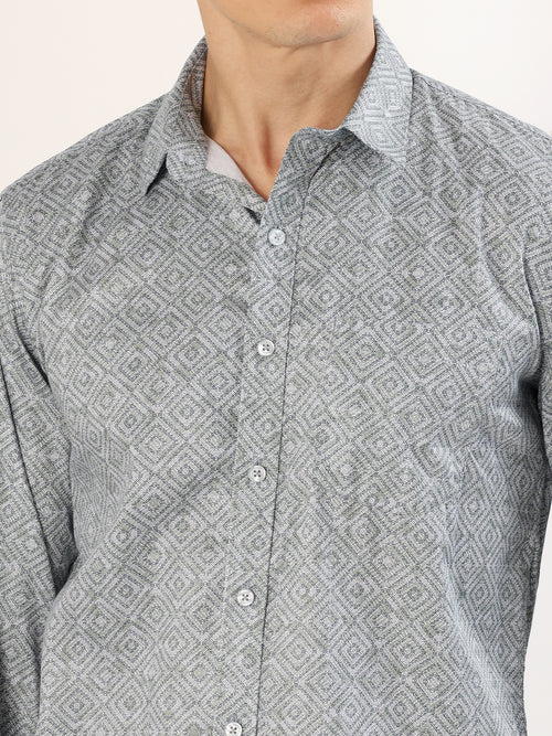 Men's Smoke Green and Black Geometric Print Regular Fit Shirt