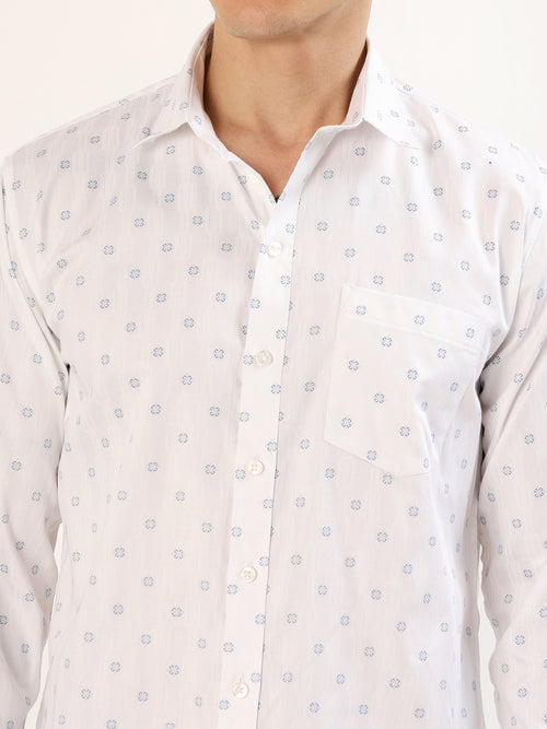 Men's White with Blue Geometric Print Regular Fit Shirt
