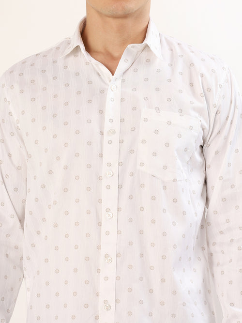 Men's White and Beige Geometric Print Regular Fit Shirt