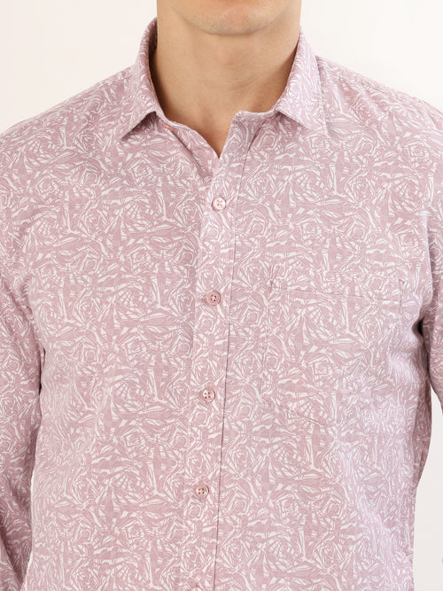 Men's White and Peach Floral Print Regular Fit Shirt