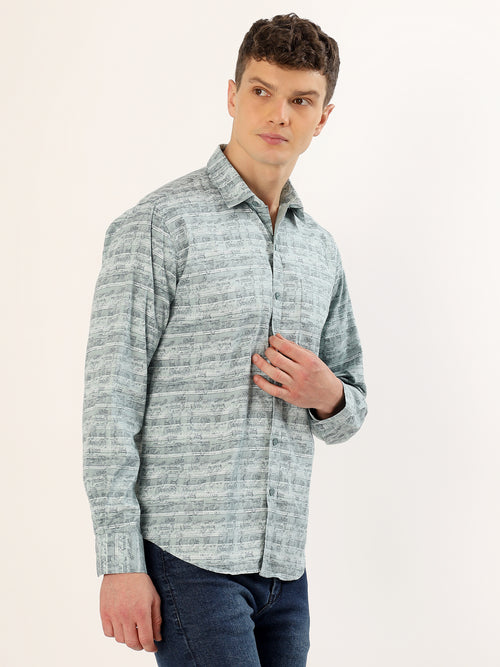 Men's Green and Blue Striped Print Regular Fit Shirt