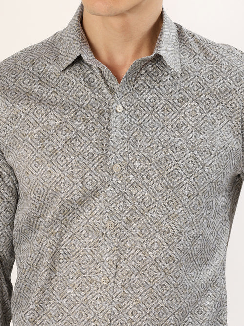 Men's Beige and Black Geometric Print Regular Fit Shirt