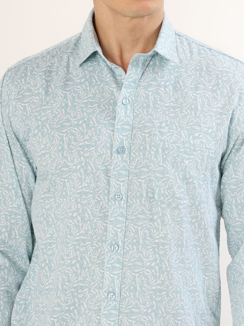 Men's White and Mint Floral Print Regular Fit Shirt