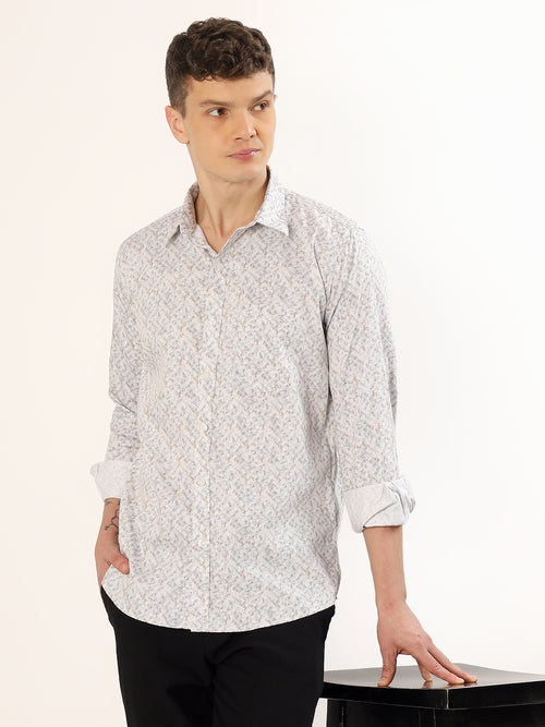 Men's White and Light Beige Abstract Print Regular Fit Shirt