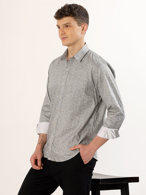 Men's Beige and Black Geometric Print Regular Fit Shirt