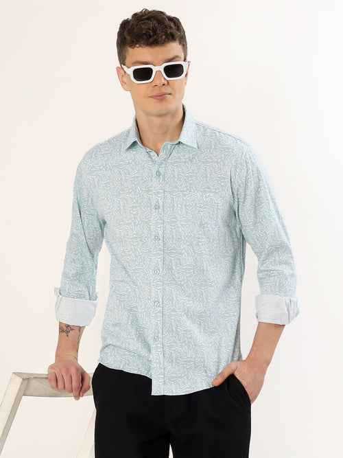 Men's White and Mint Floral Print Regular Fit Shirt