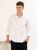Men's White and Beige Geometric Print Regular Fit Shirt