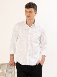 Men's White and Beige Geometric Print Regular Fit Shirt