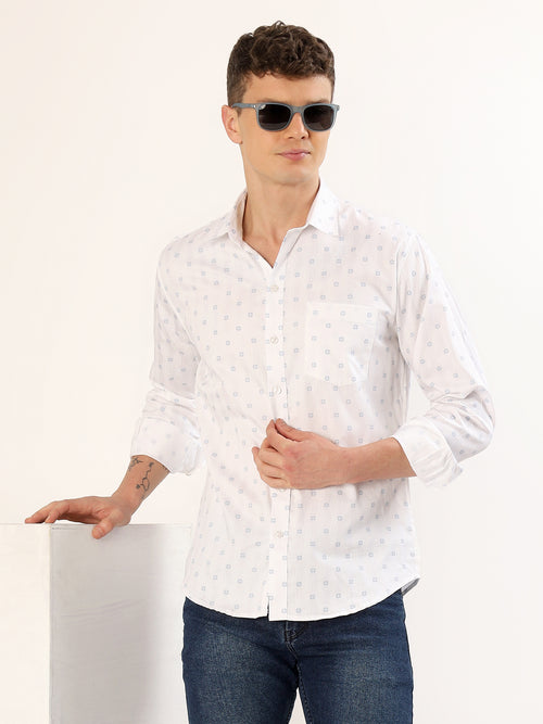 Men's White with Blue Geometric Print Regular Fit Shirt
