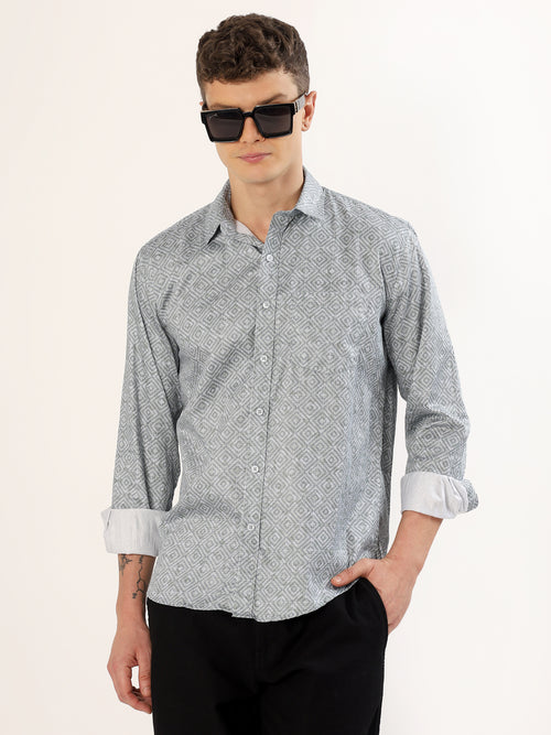 Men's Smoke Green and Black Geometric Print Regular Fit Shirt