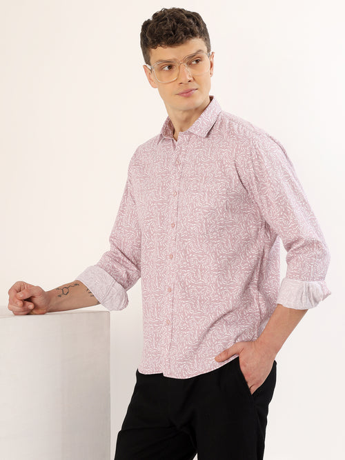 Men's White and Peach Floral Print Regular Fit Shirt
