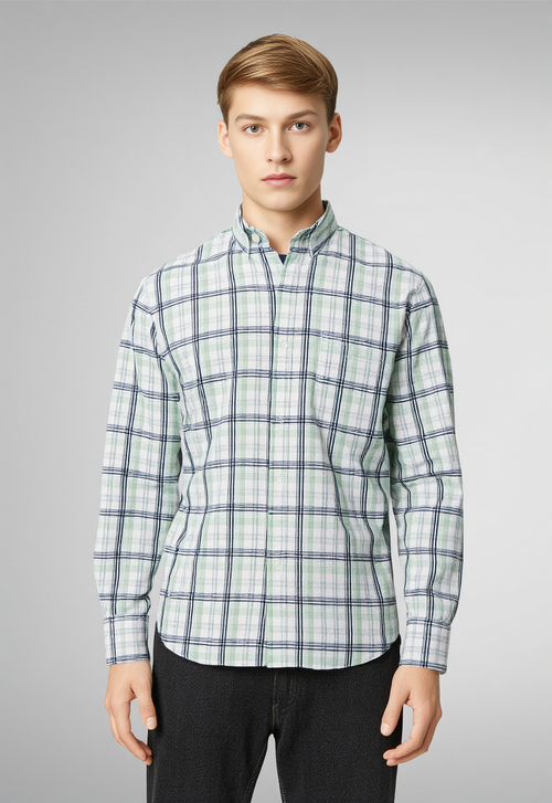 Men's Light Green & White Checked Regular Fit Shirt