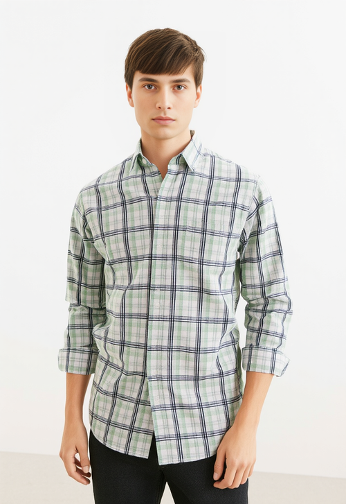 Men's Light Green & White Checked Regular Fit Shirt