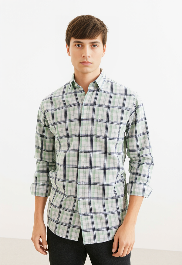 Men's Light Green & White Checked Regular Fit Shirt