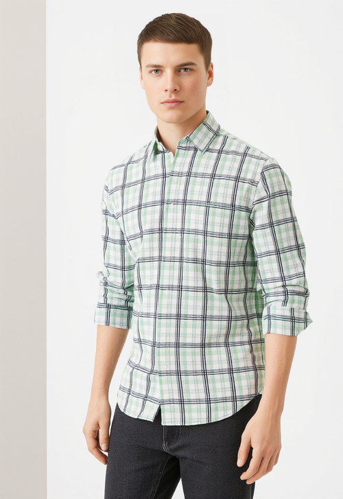 Men's Light Green & White Checked Regular Fit Shirt
