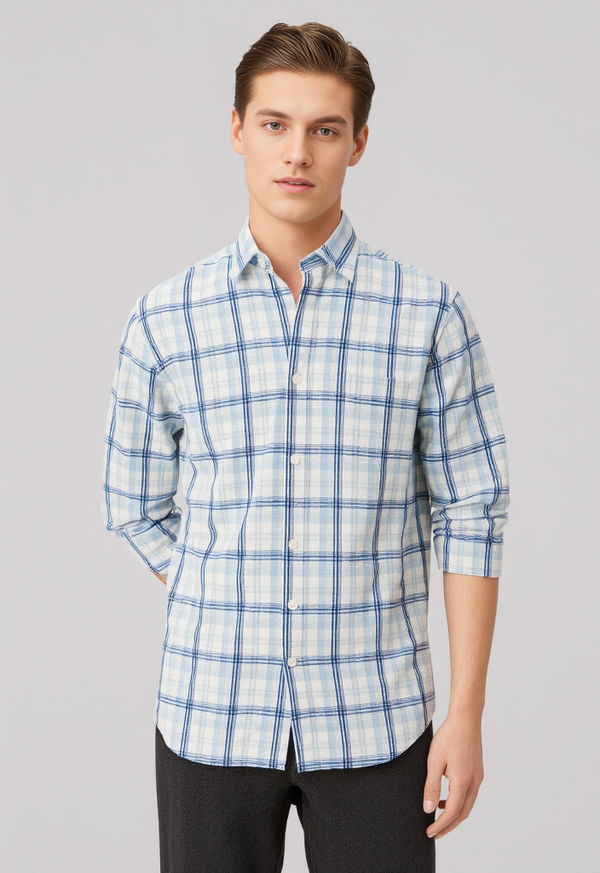 Men's Blue & White Checked Regular Fit Shirt