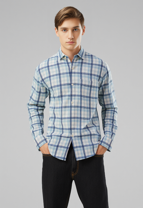 Men's Blue & White Checked Regular Fit Shirt