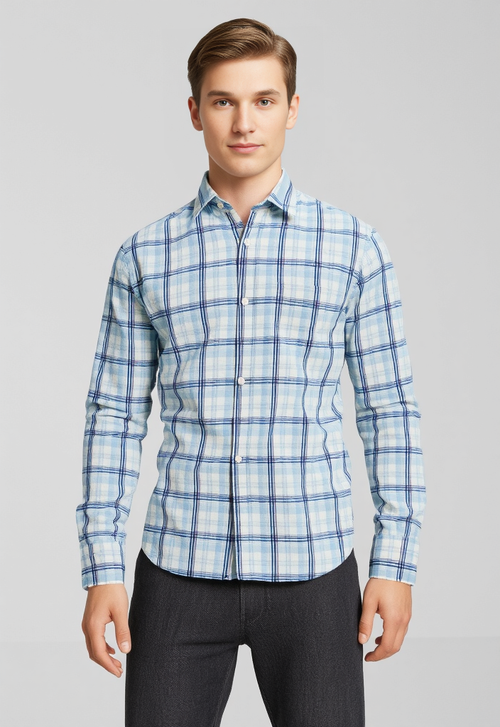 Men's Blue & White Checked Regular Fit Shirt