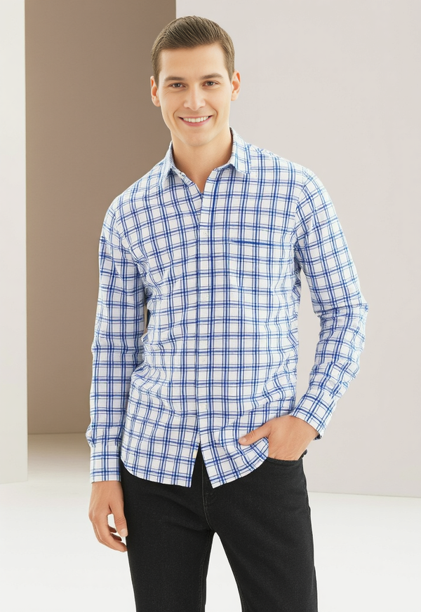 Men's Blue and White Checked Regular Fit Shirt