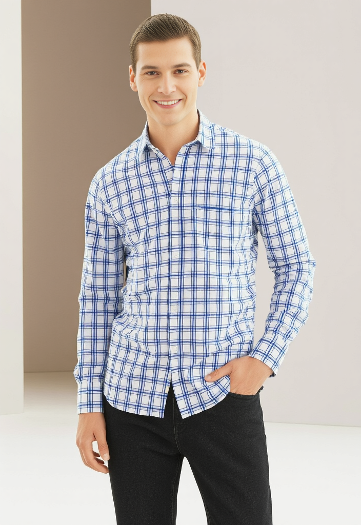Men's Blue and White Checked Regular Fit Shirt