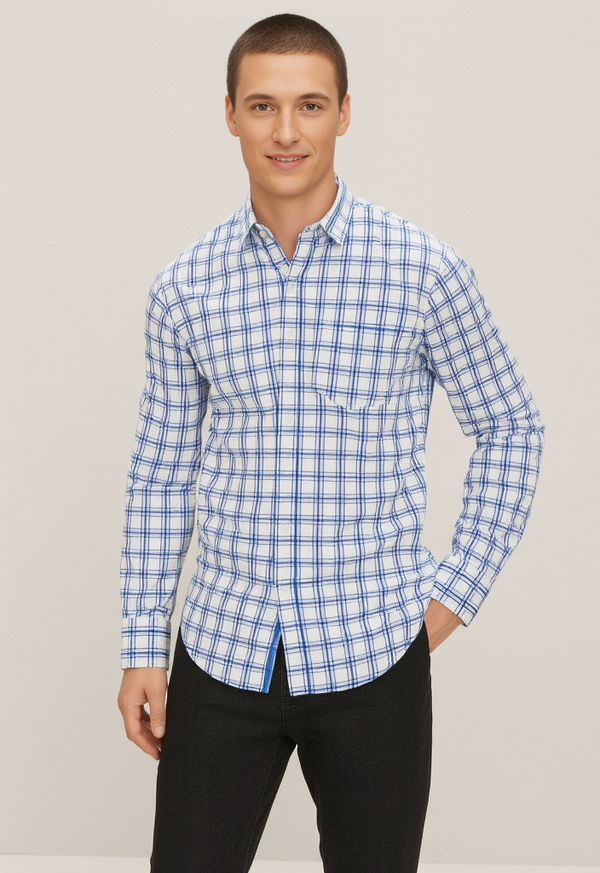 Men's Blue and White Checked Regular Fit Shirt