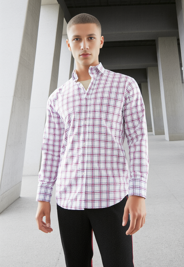Men's Light Pink & White Checked Regular Fit Shirt