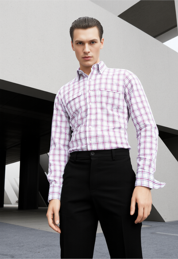 Men's Light Pink & White Checked Regular Fit Shirt
