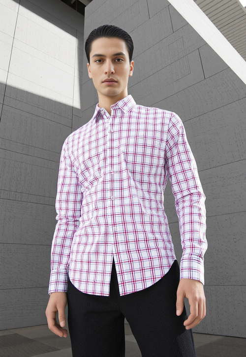 Men's Light Pink & White Checked Regular Fit Shirt