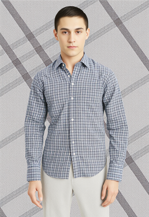 Men's White & Olive Checked Regular Fit Shirt