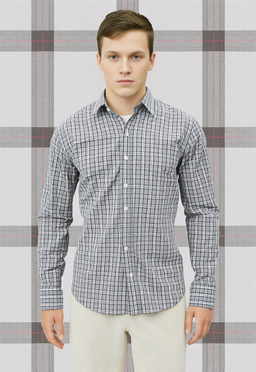 Men's White & Olive Checked Regular Fit Shirt
