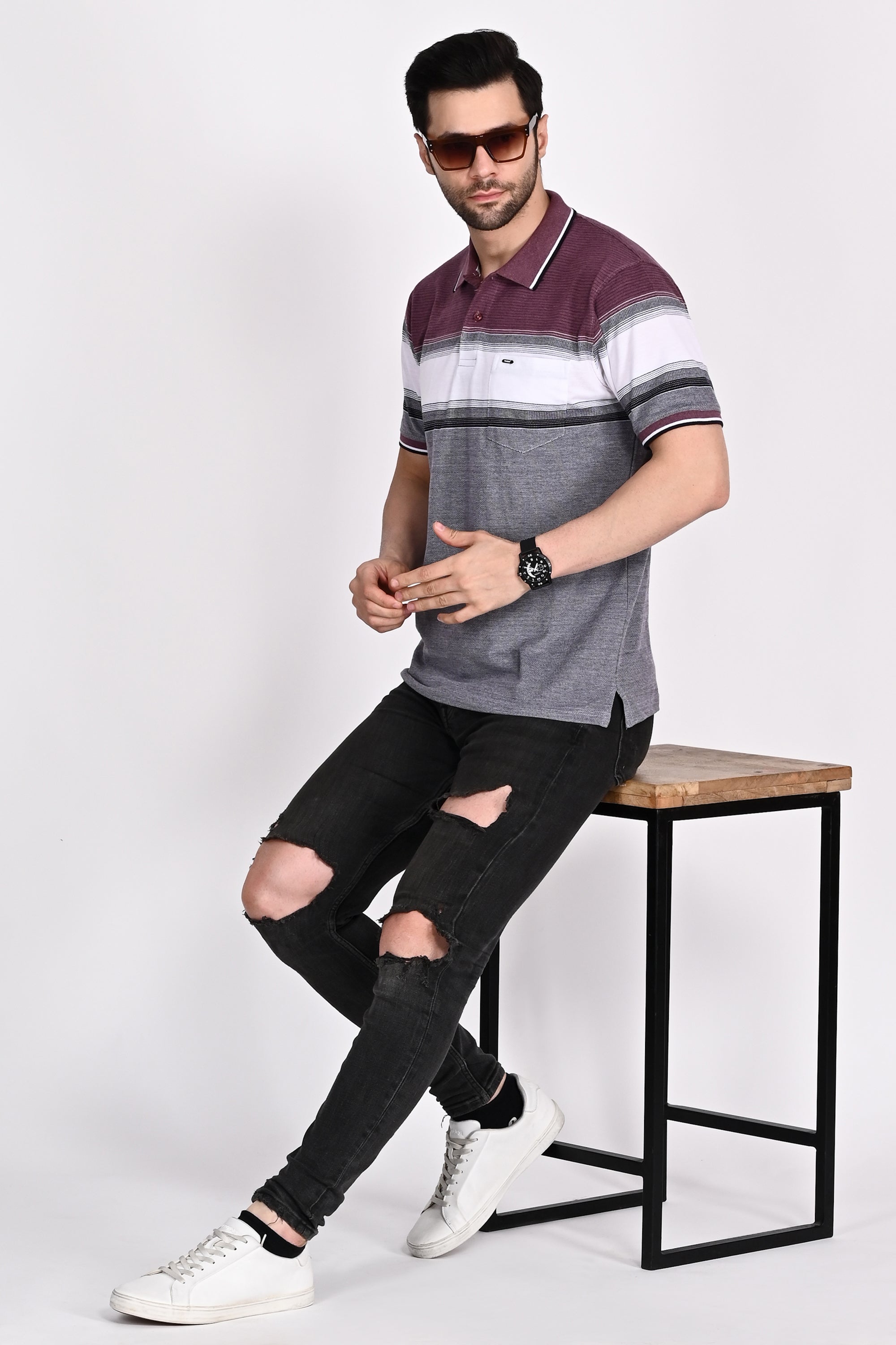Mens Everyday Classic Grape-Black-White Stripe Polo Tshirt