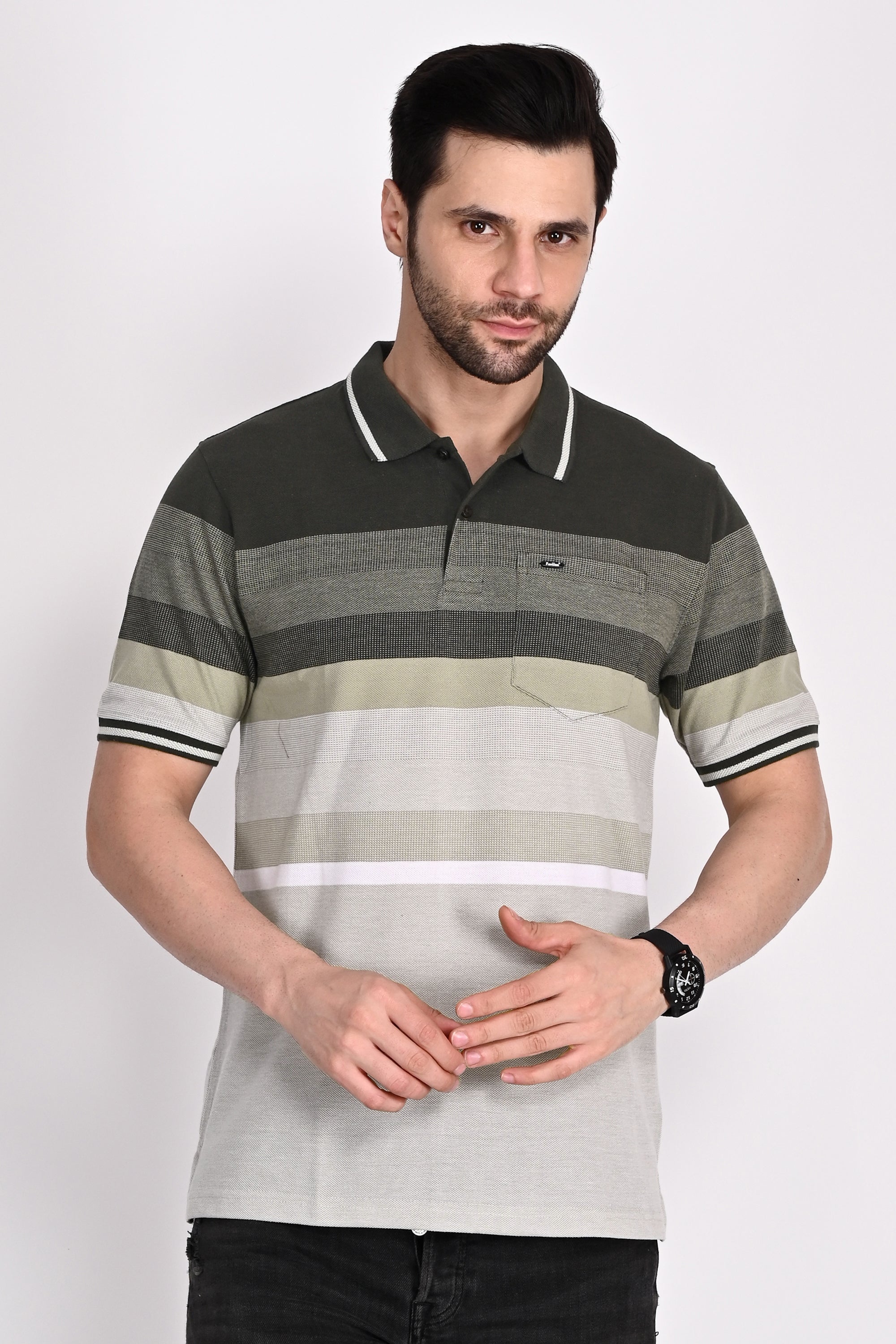 Matty Deep Olive Stripe Polo Tshirt