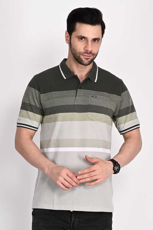 Matty Deep Olive Stripe Polo Tshirt