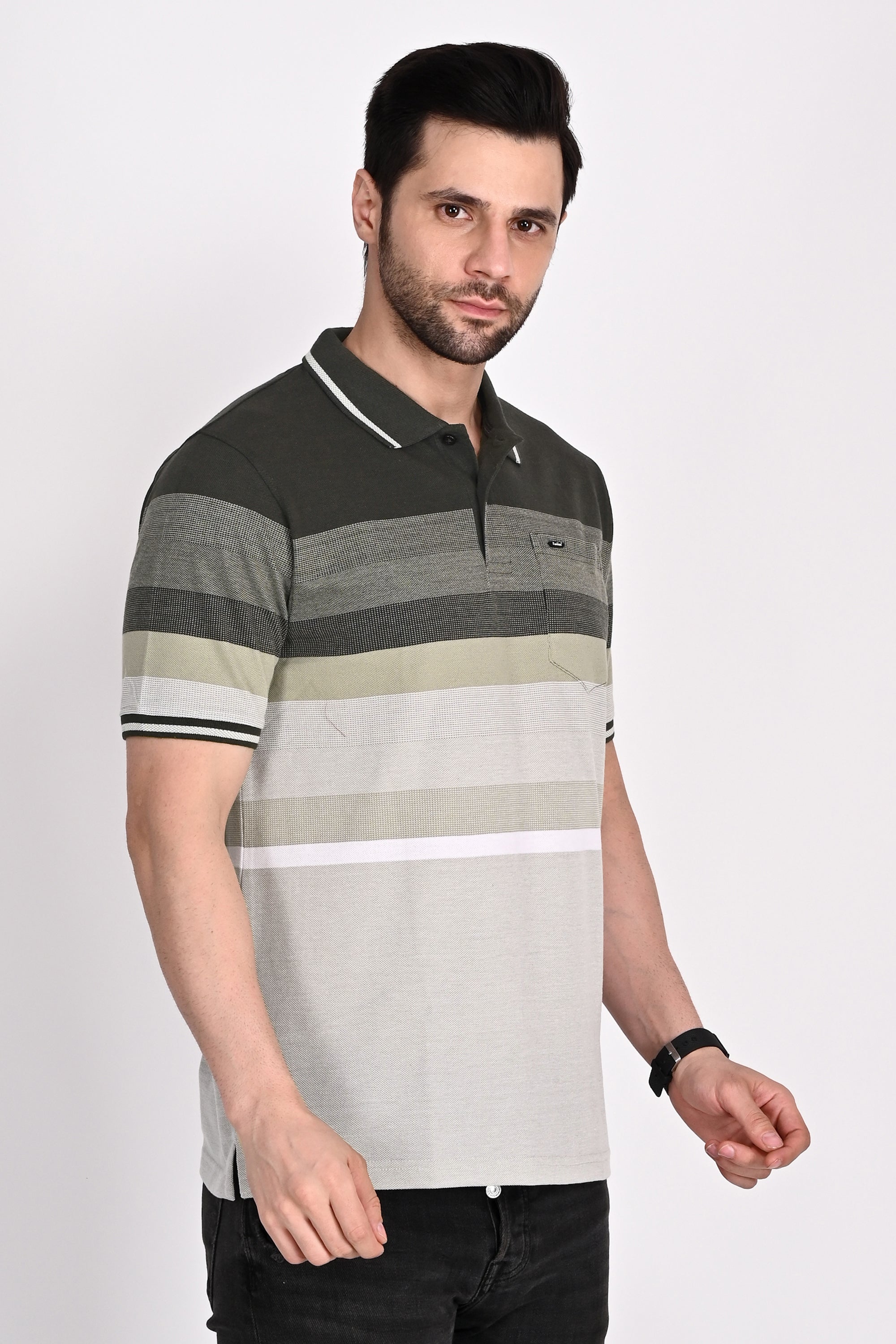 Matty Deep Olive Stripe Polo Tshirt
