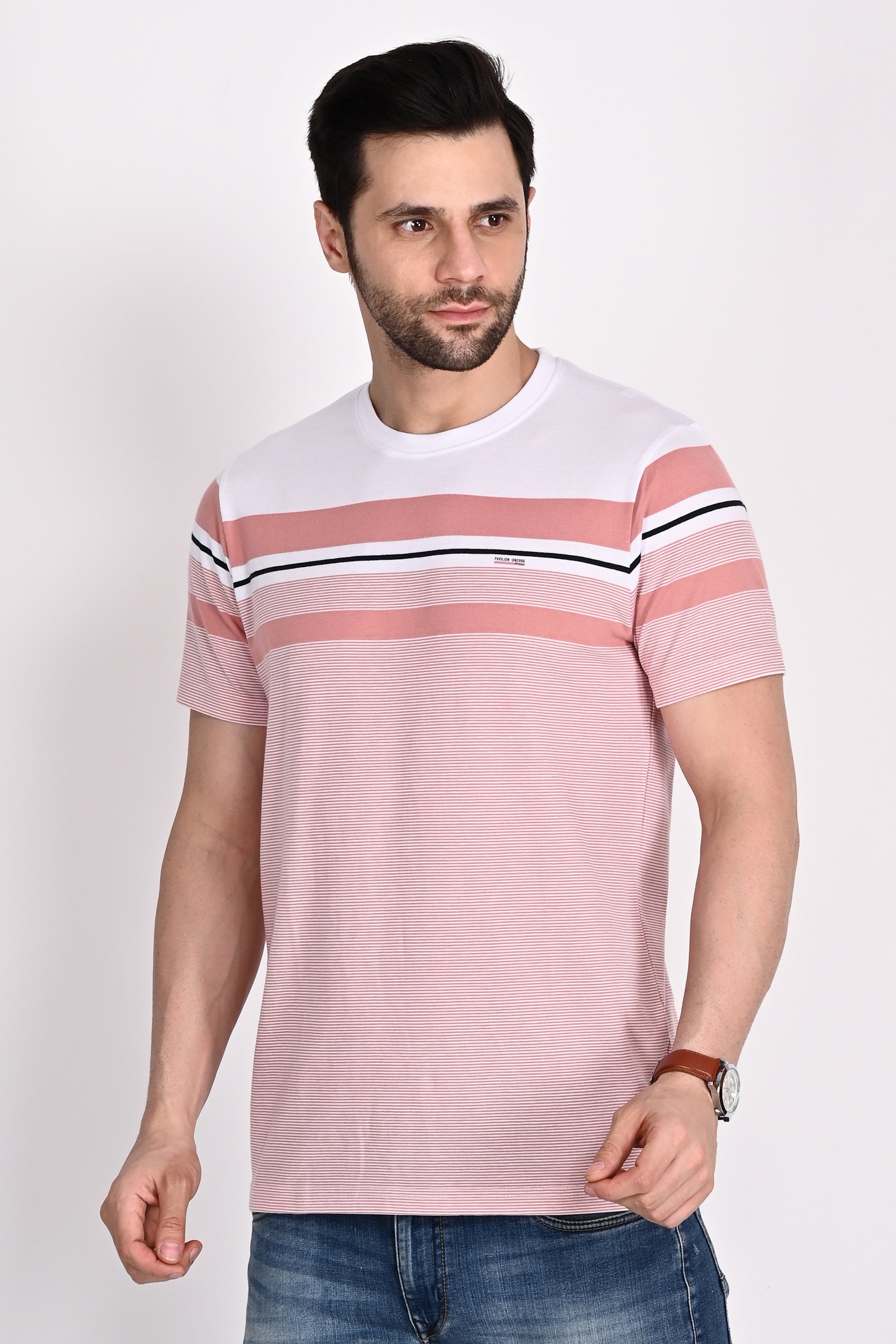 Regular Fit Pink-White Stripe Tshirt