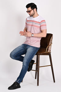 Regular Fit Pink-White Stripe Tshirt