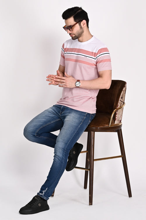 Regular Fit Pink-White Stripe Tshirt