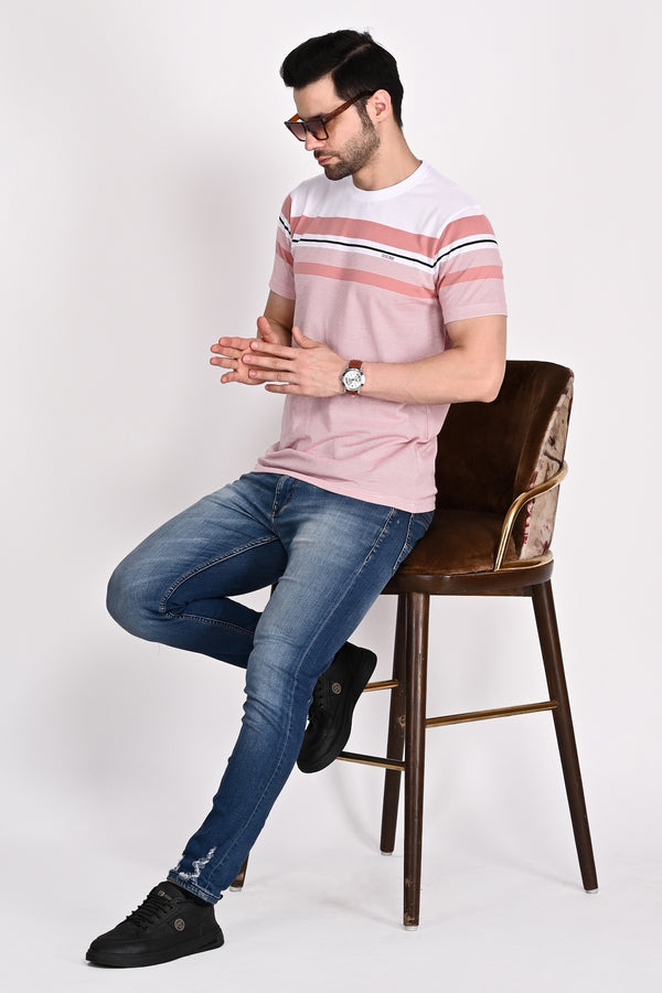 Regular Fit Pink-White Stripe Tshirt