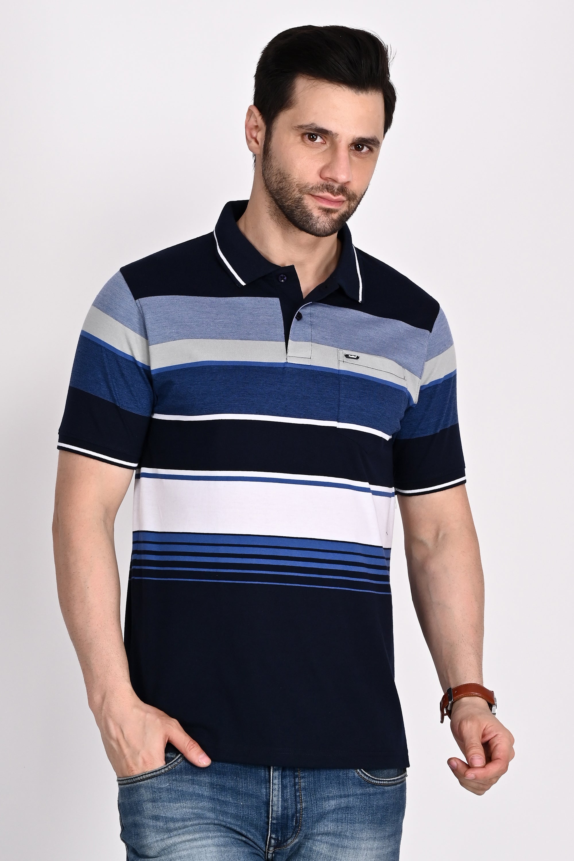 Navy Blue White Stripe Polo Tshirt