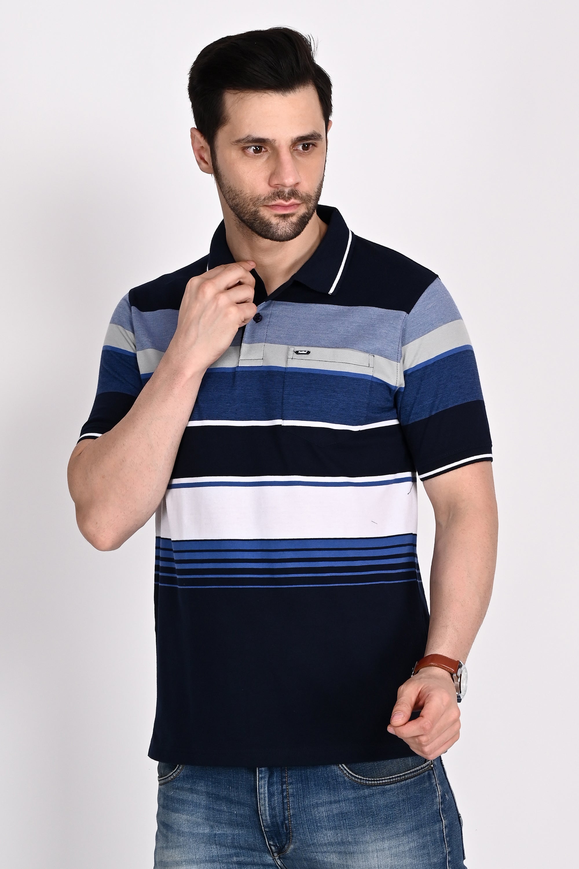 Navy Blue White Stripe Polo Tshirt