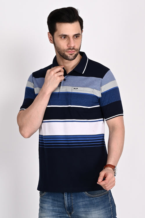 Navy Blue White Stripe Polo Tshirt