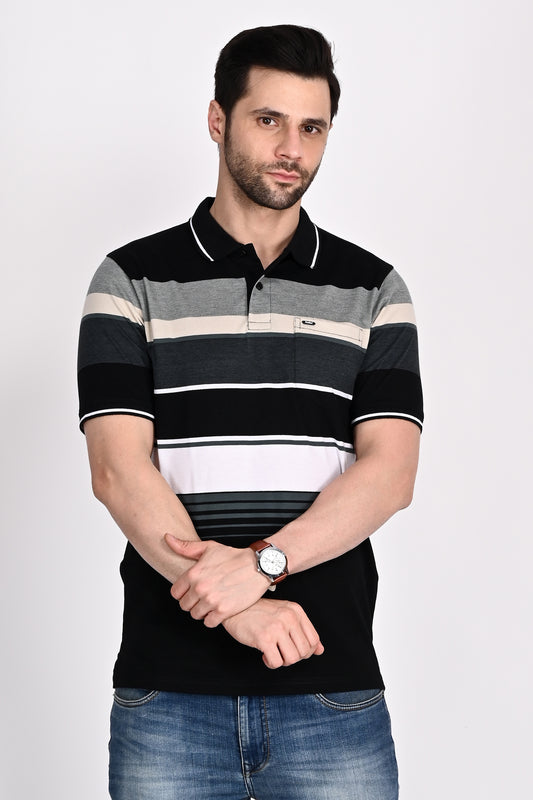 Black-Cream-Green Striped Polo Tshirt for Mens